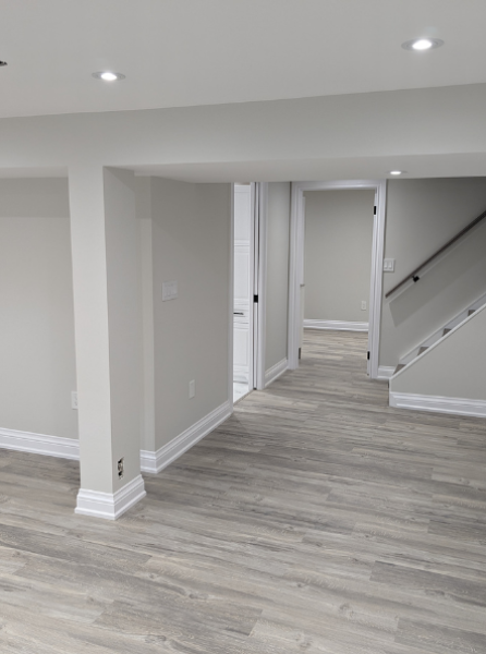Complete basement renovation, quality craftsmanship, flooring, drywall, paint, stair remodel